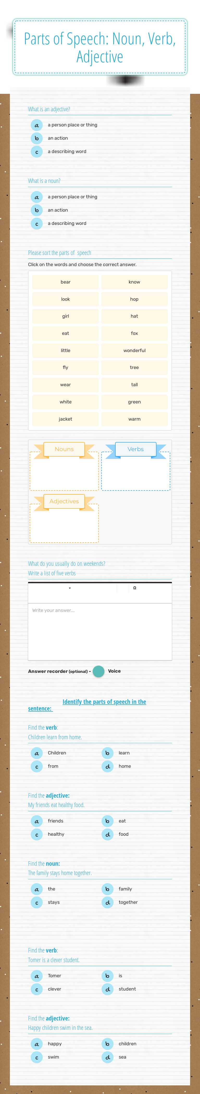 Parts of Speech:
Noun, Verb, Adjective Grade 2 worksheet preview