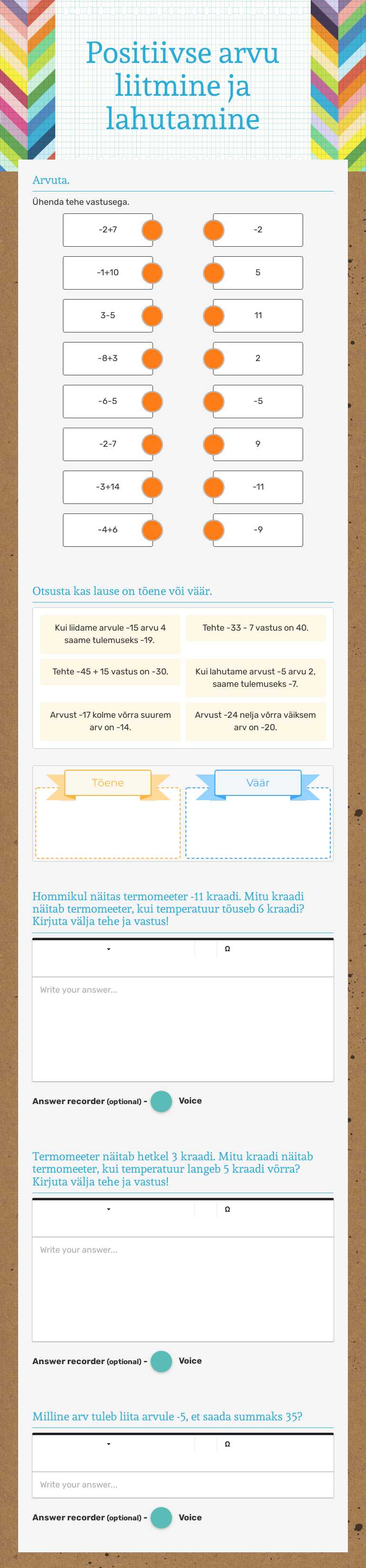 Positiivse arvu liitmine ja lahutamine worksheet preview image