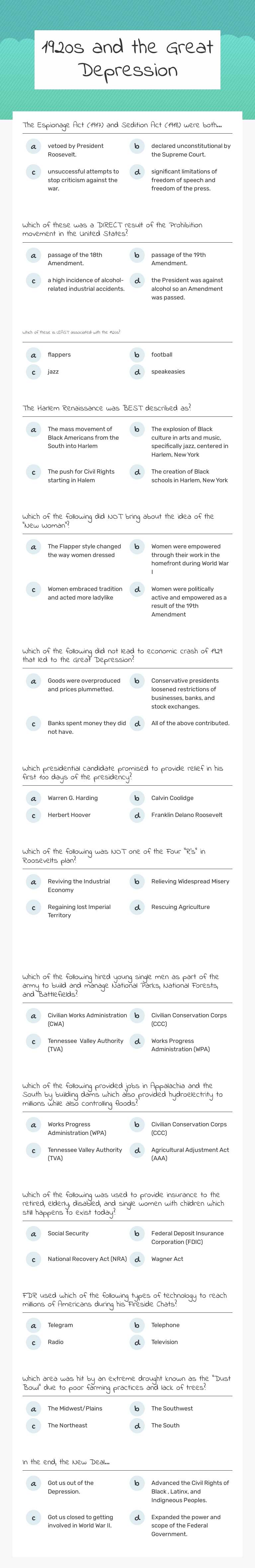 1920s and the Great Depression Grade 10 worksheet preview