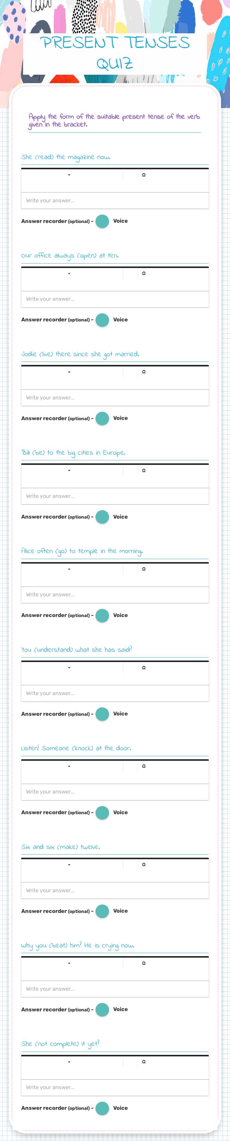PRESENT TENSES QUIZ worksheet preview image