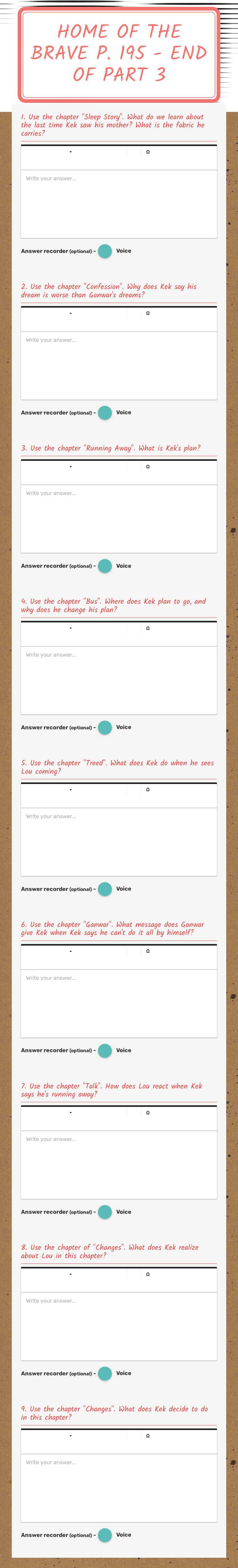 Home of the Brave p. 195 - end of part 3 worksheet preview image