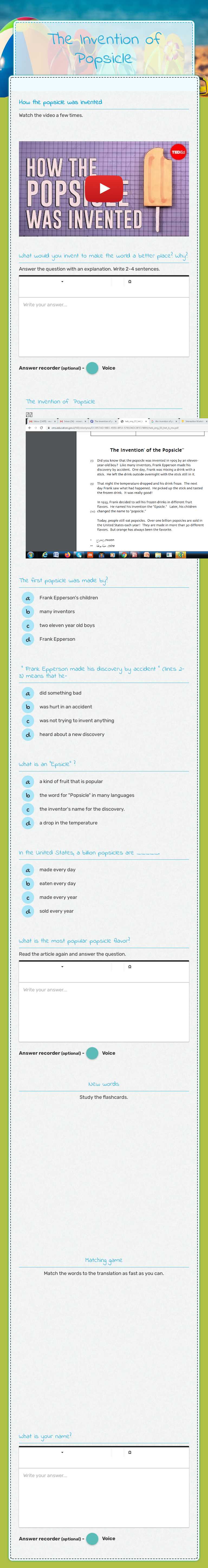 The Invention of Popsicle Grade 10 worksheet preview