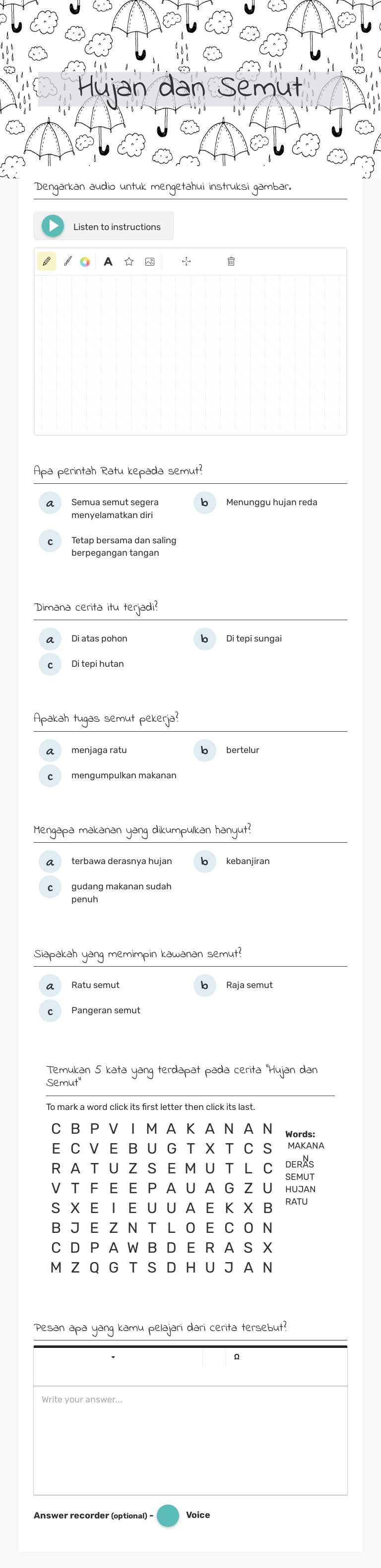 Hujan dan Semut worksheet preview image