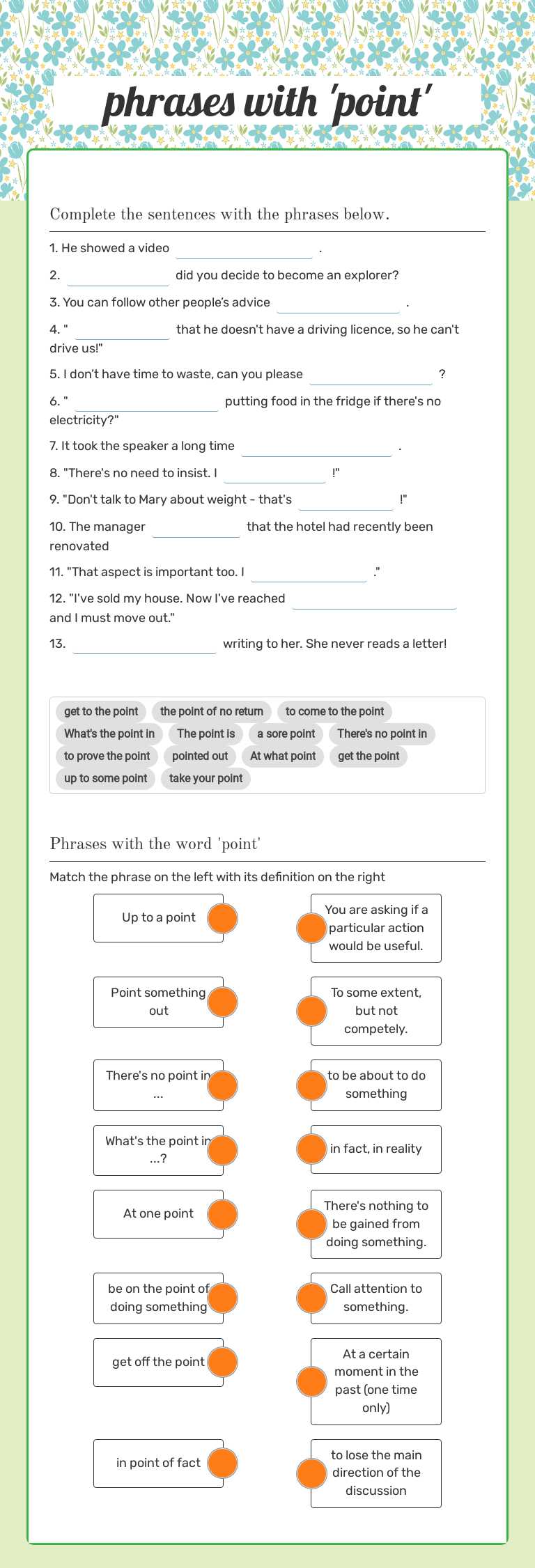 phrases with 'point' Grade 10 worksheet preview