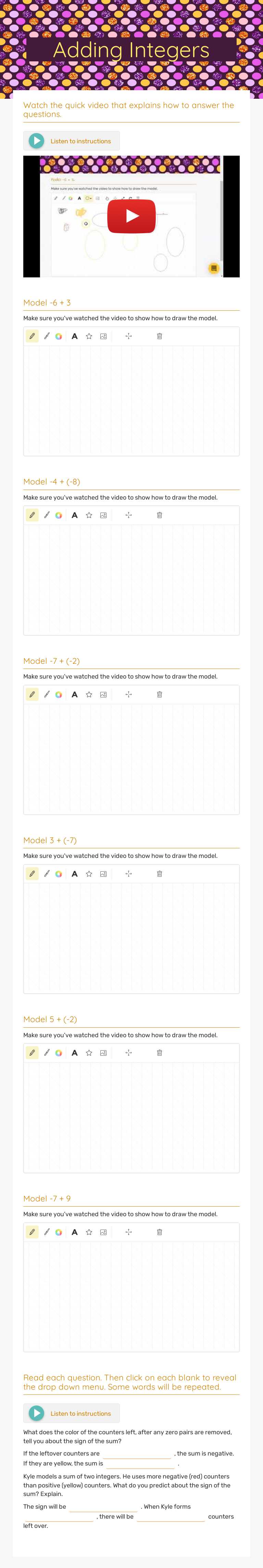 Adding Integers worksheet preview image