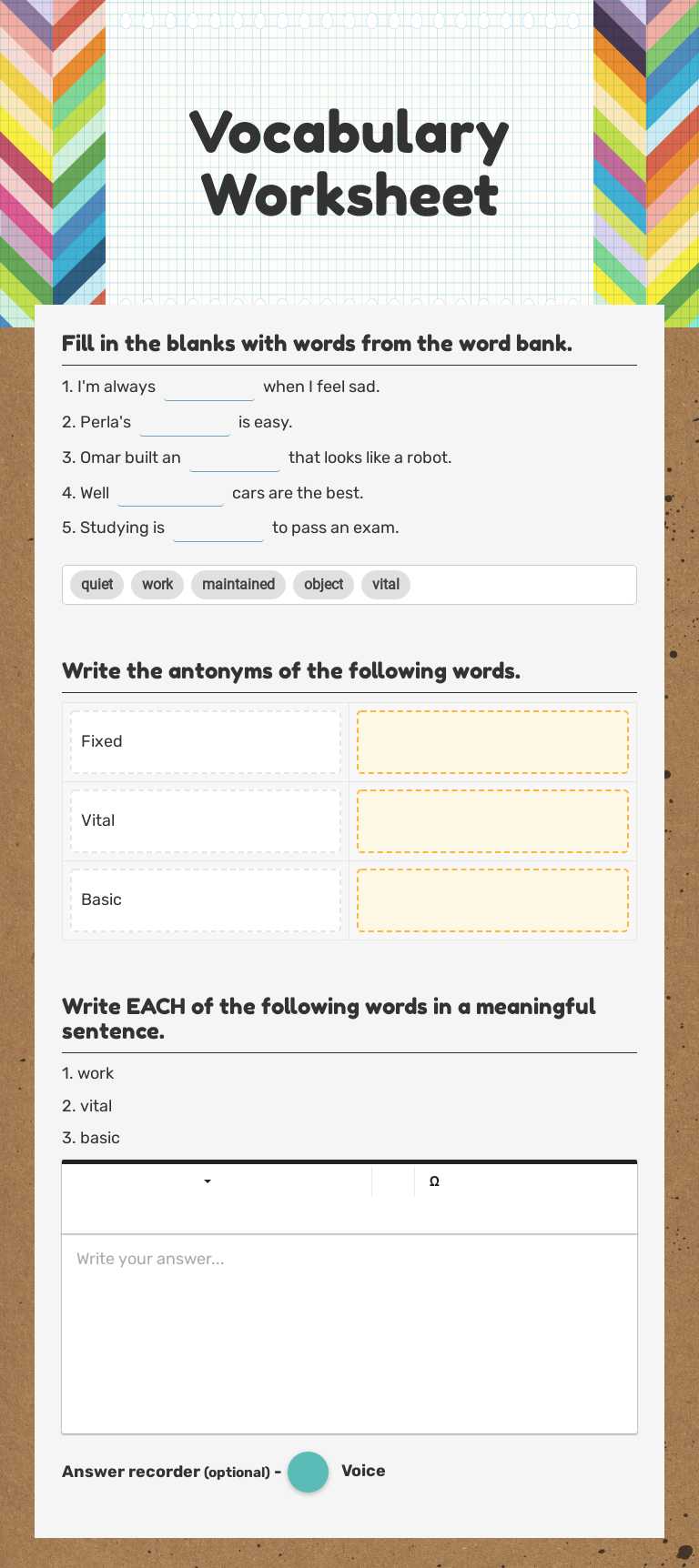Vocabulary Worksheet worksheet preview image