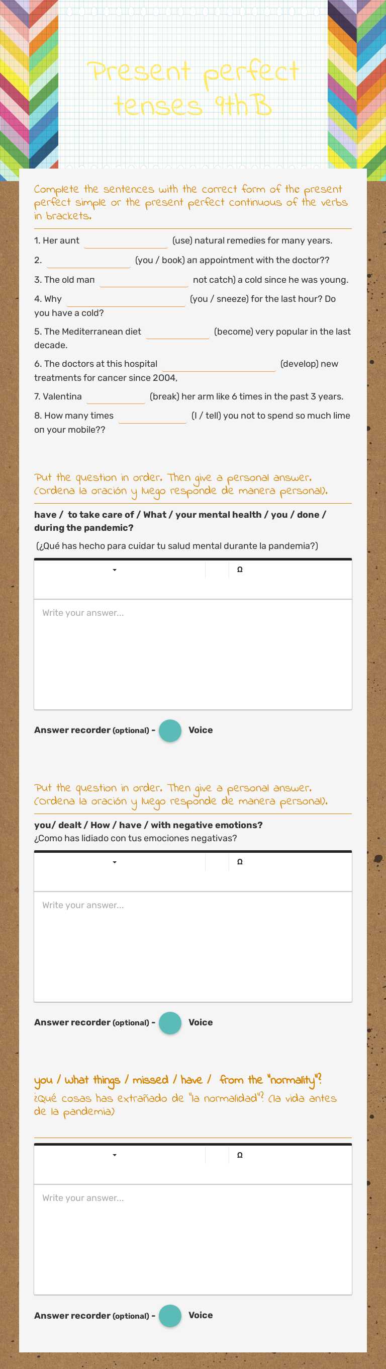 Present perfect tenses 9thB worksheet preview image