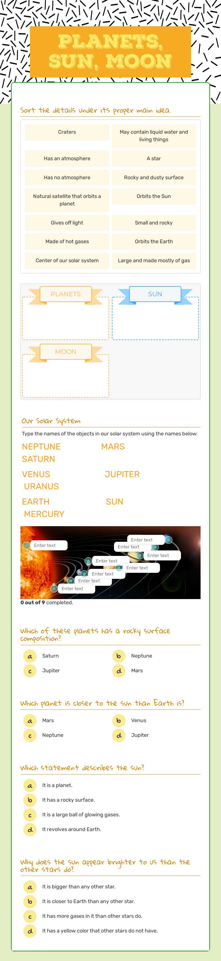 Planets, Sun, Moon worksheet preview image