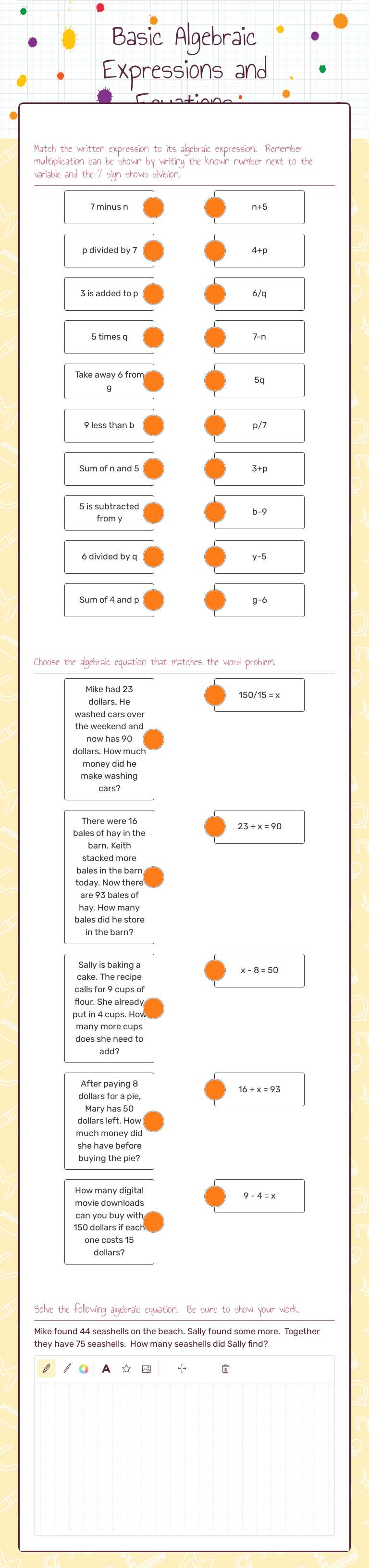 Basic Algebraic Expressions and Equations worksheet preview image