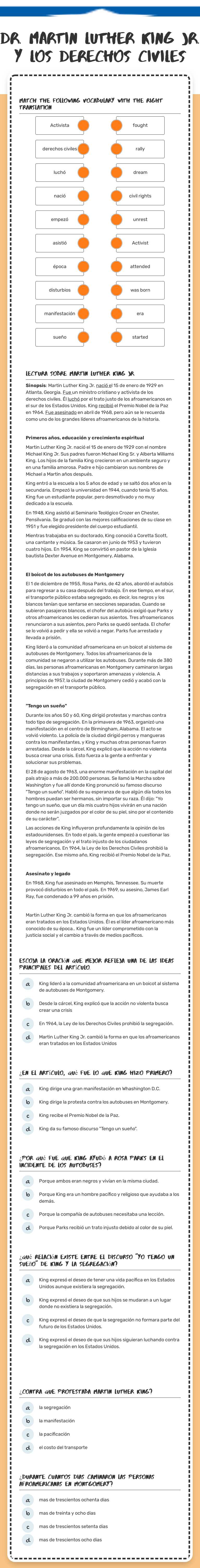 Dr. Martin Luther King Jr. y los Derechos civiles worksheet preview