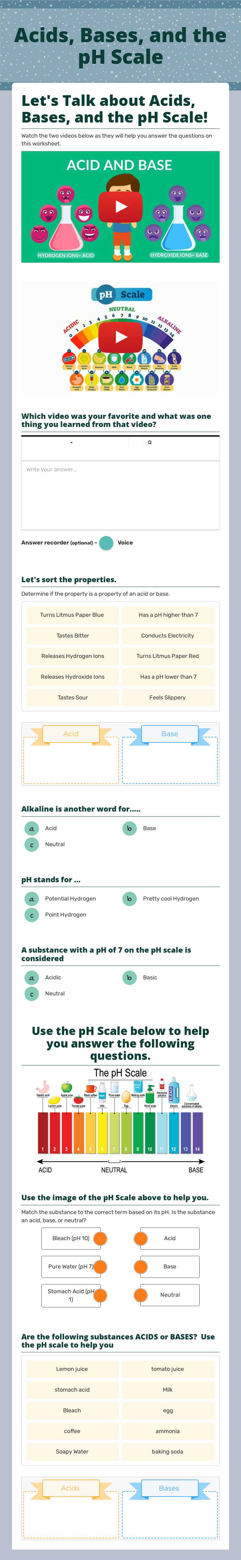 Acids, Bases, and the pH Scale Grade 7 worksheet preview