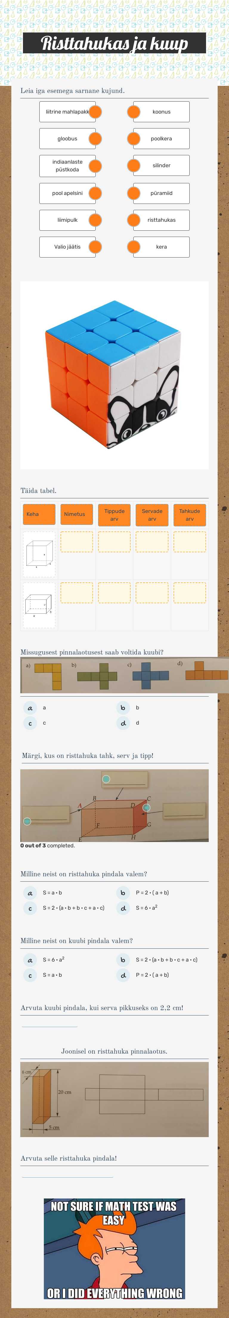 Risttahukas ja kuup worksheet preview image