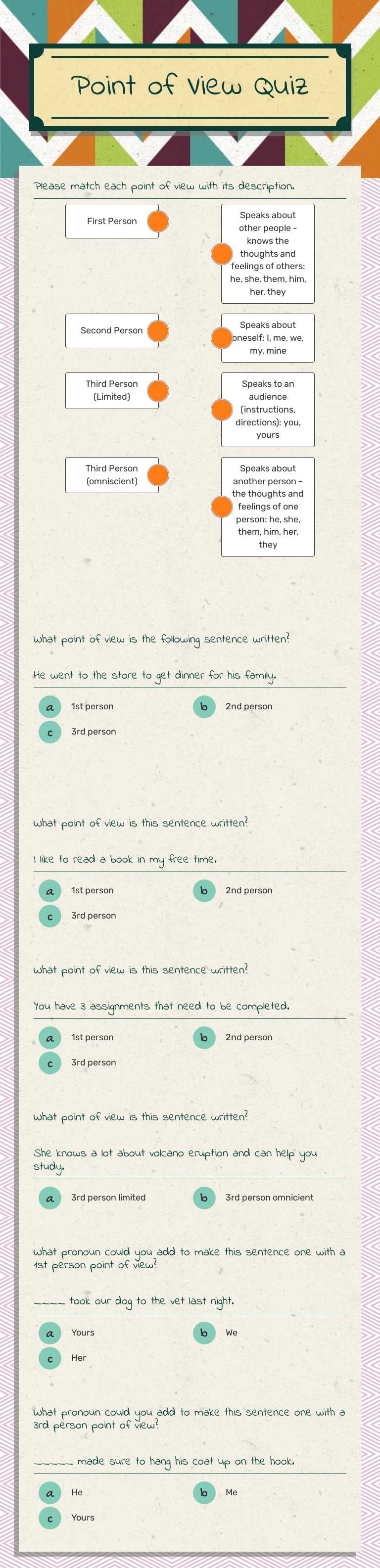 Point of View Quiz worksheet preview image