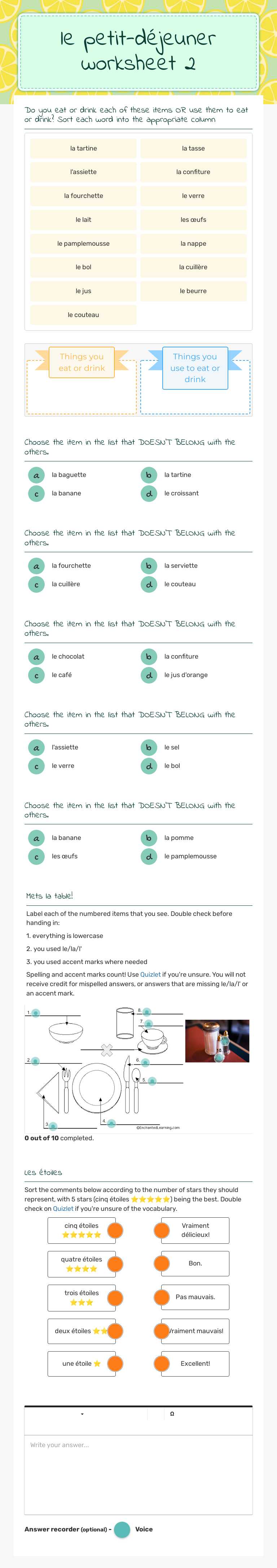 le petit-déjeuner worksheet 2 Grade 10 worksheet preview