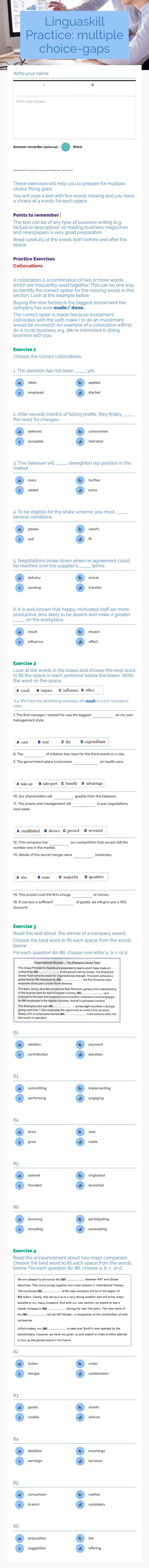 Linguaskill Practice: multiple choice-gaps worksheet preview image