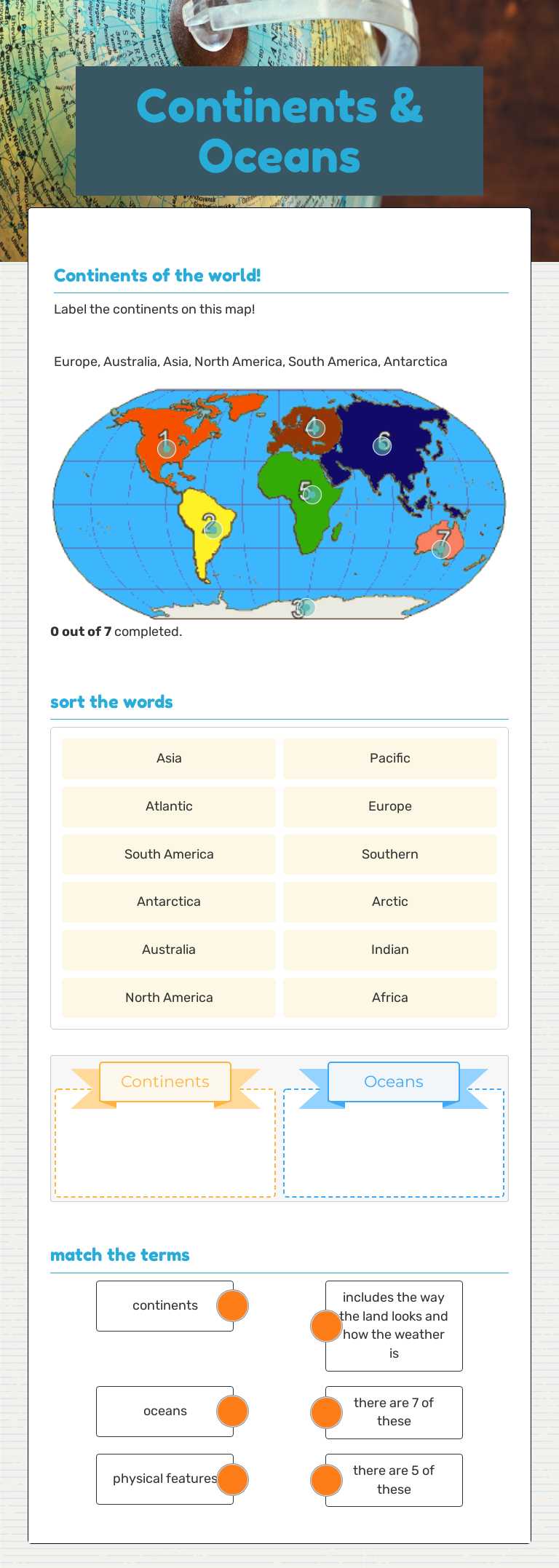 Continents & Oceans worksheet preview image