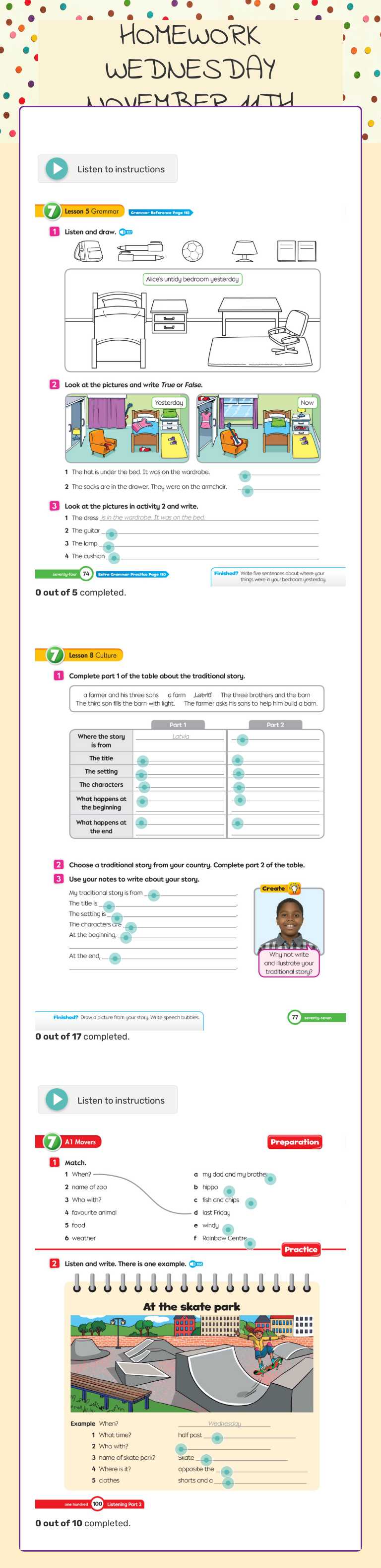 HOMEWORK WEDNESDAY NOVEMBER 11TH worksheet preview image
