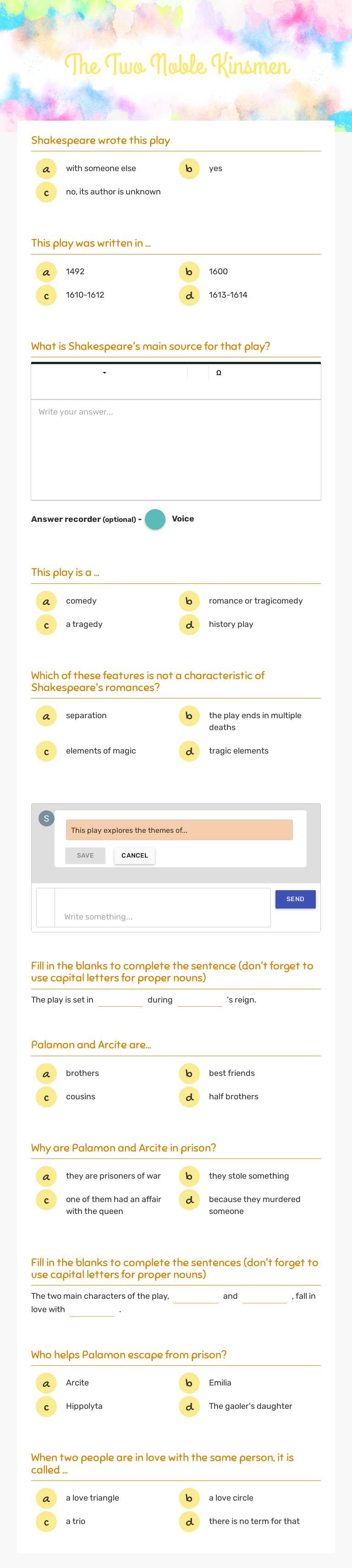 The Two Noble Kinsmen worksheet preview image