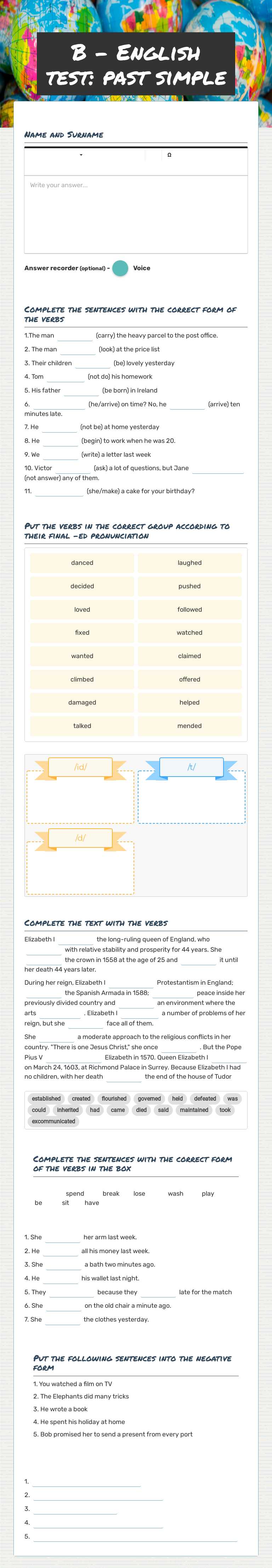 B - English test: past simple worksheet preview image