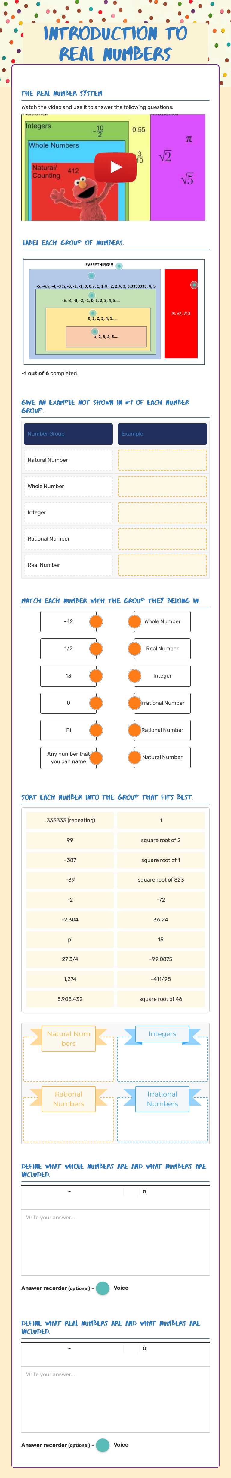 Introduction to   
real numbers worksheet preview image