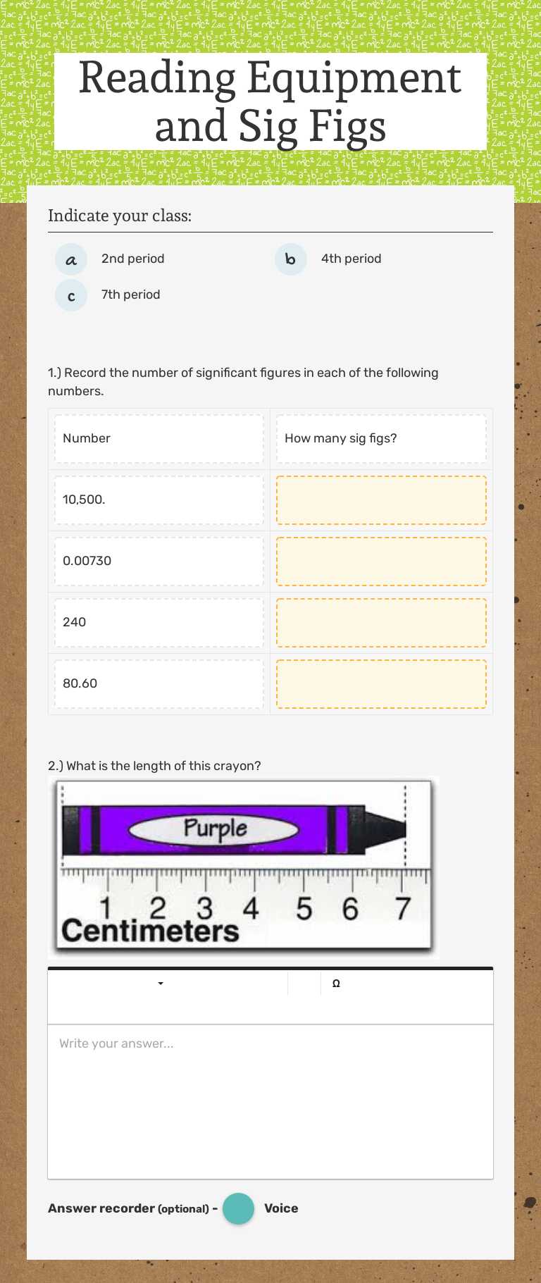 Reading Equipment and Sig Figs worksheet preview image