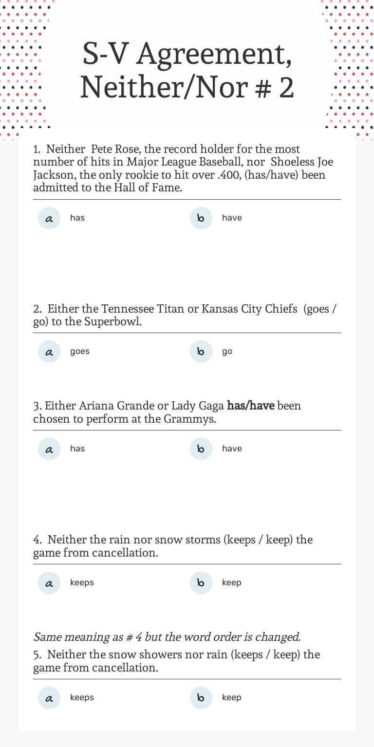 S-V  Agreement, Neither/Nor # 2 worksheet preview image