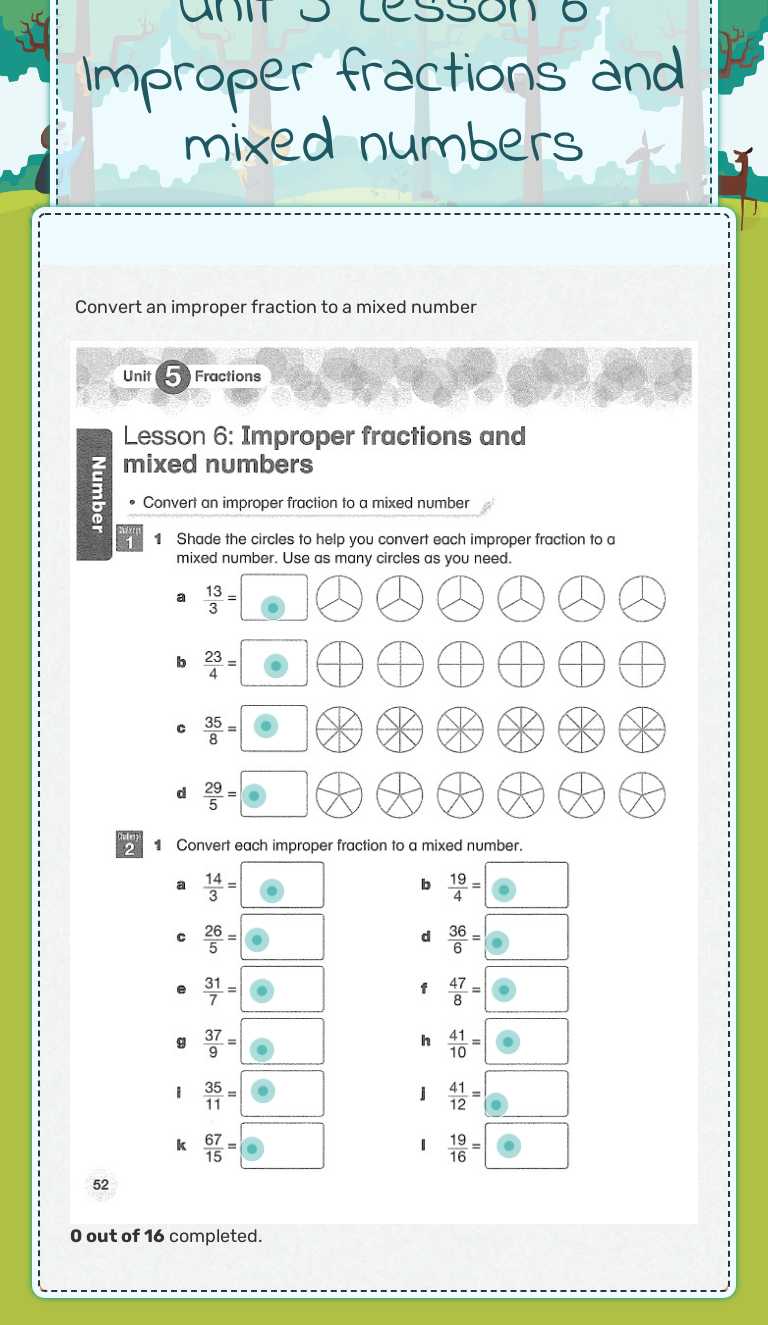 Unit 5 Lesson 6 Improper fractions and mixed numbers worksheet preview image