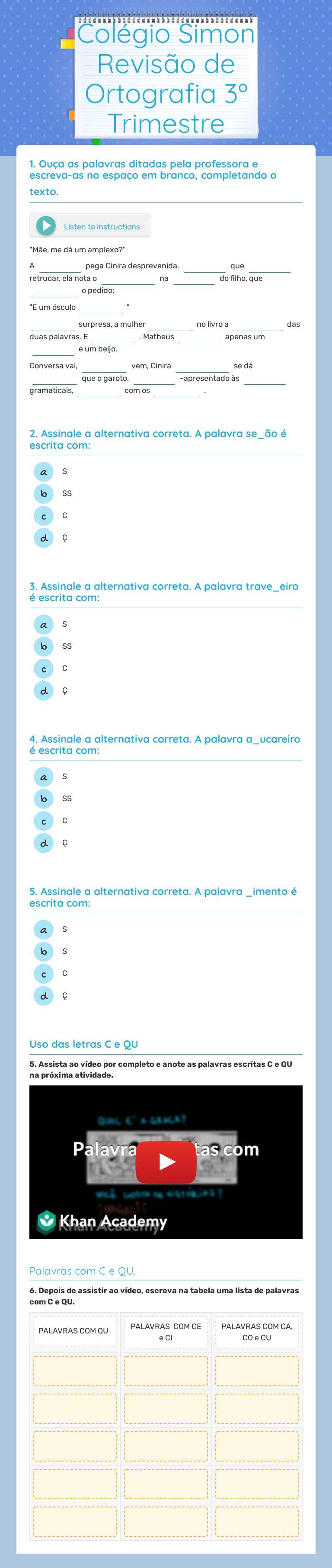 Colégio Simon Revisão de Ortografia 3º Trimestre worksheet preview image