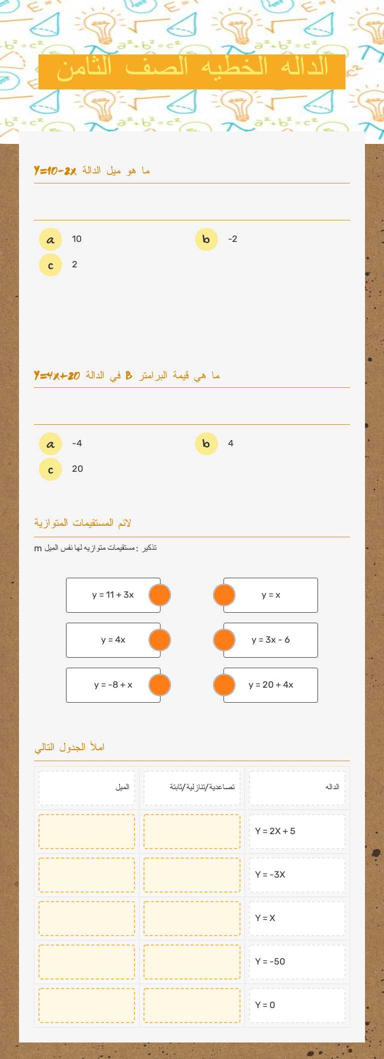 الداله الخطيه الصف الثامن Grade 8 worksheet preview