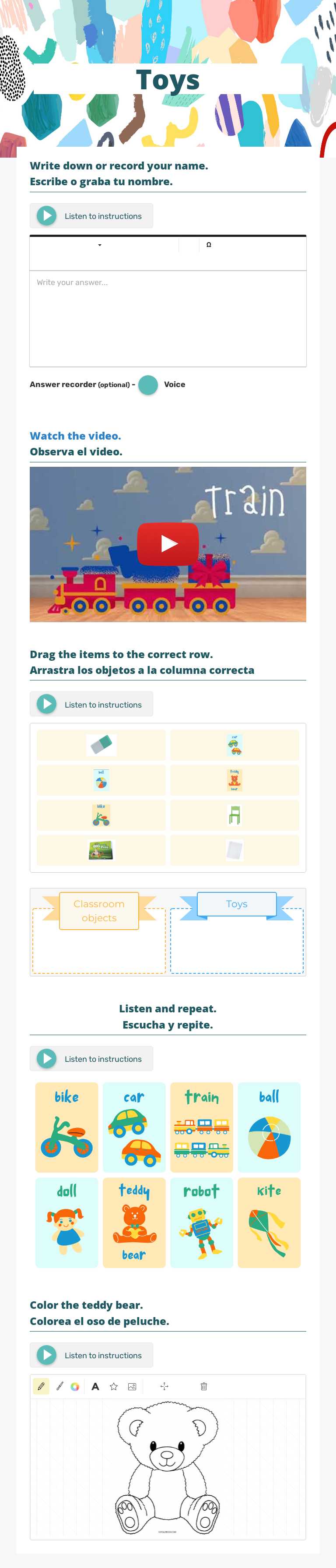 Toys worksheet preview image