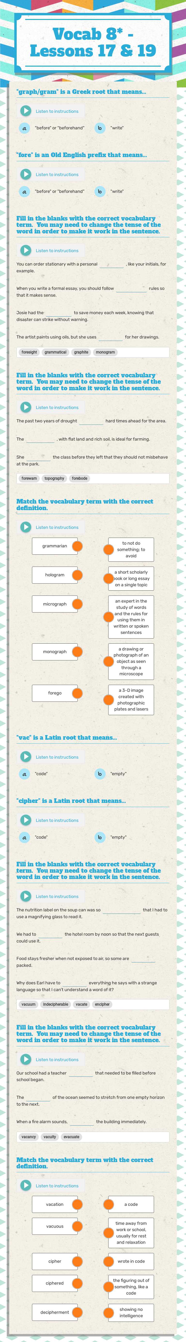 Vocab 8* - Lessons 17 & 19 worksheet preview image