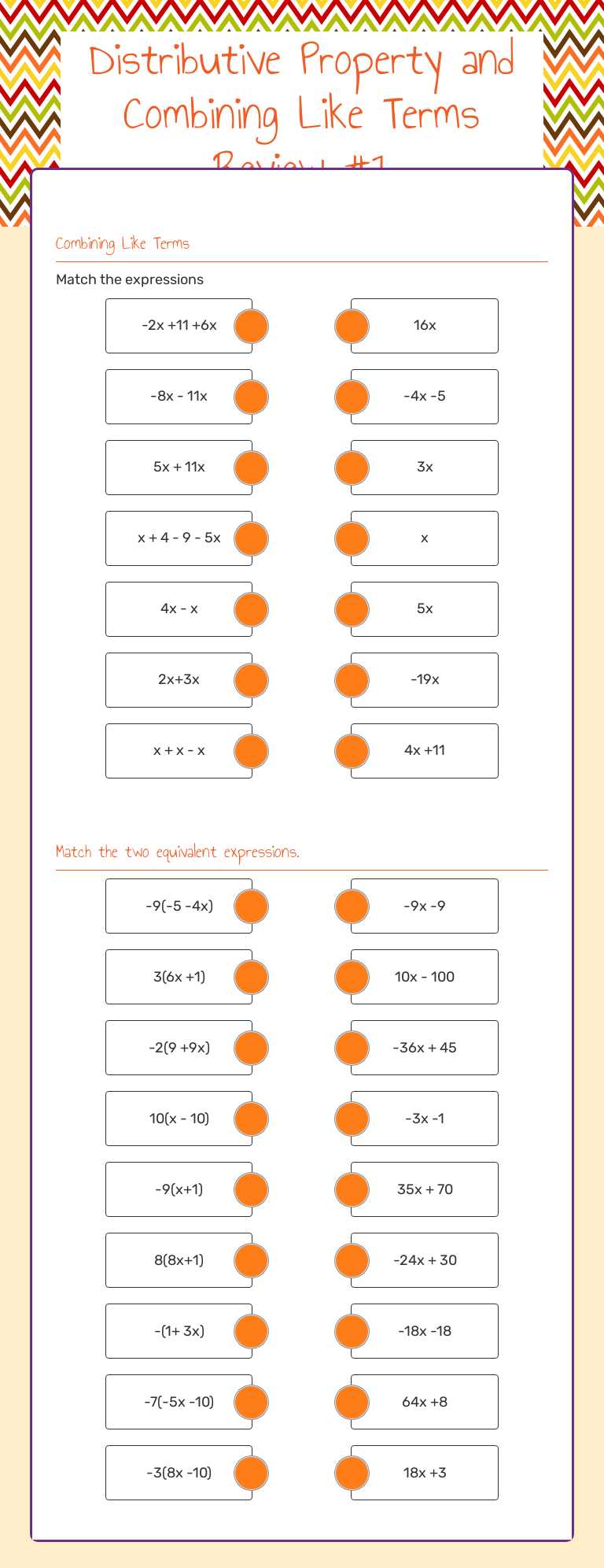 Distributive Property and Combining Like Terms    Review #1 worksheet preview image