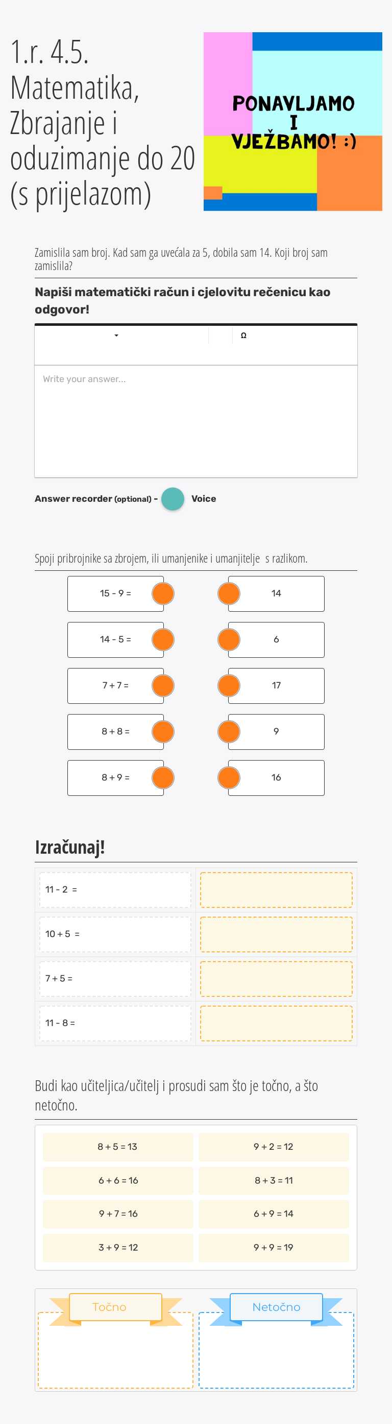 1.r. 4.5. Matematika, Zbrajanje i oduzimanje do 20 (s prijelazom) Grade 1 worksheet preview