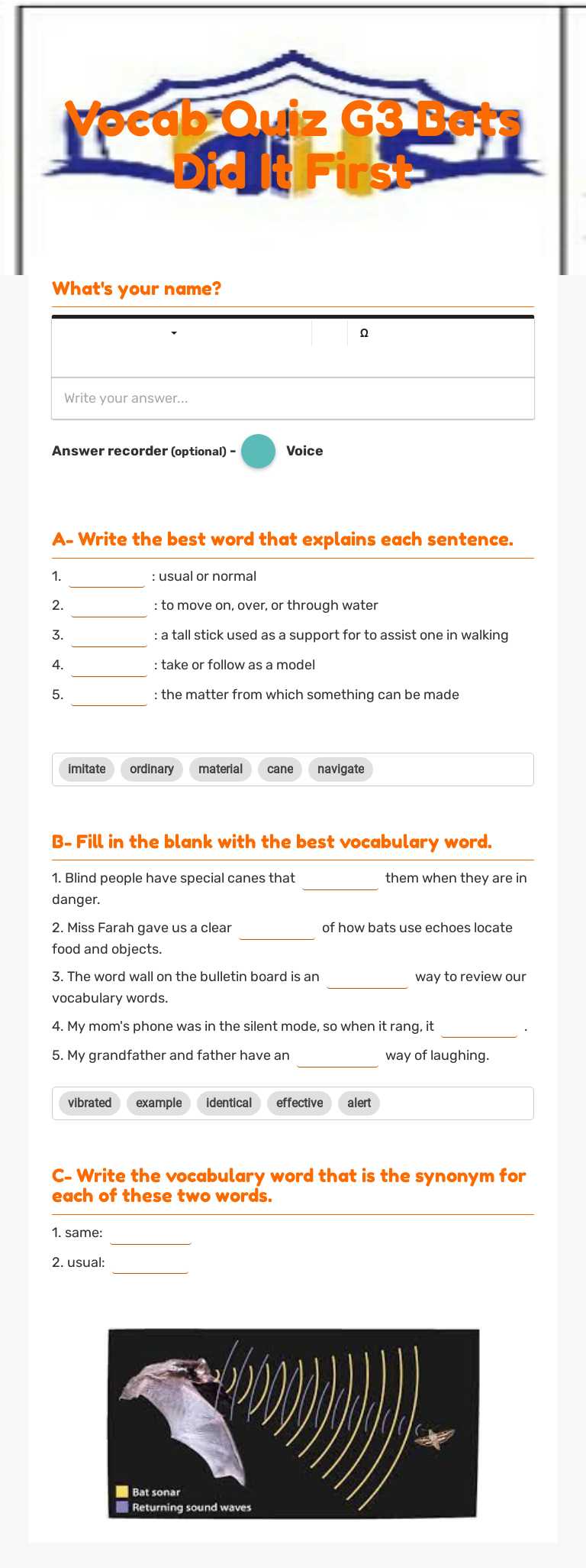 Vocab Quiz G3     
  Bats Did It First worksheet preview image