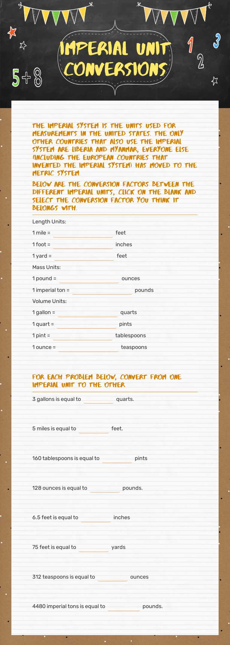 Imperial Unit Conversions Grade 10 worksheet preview