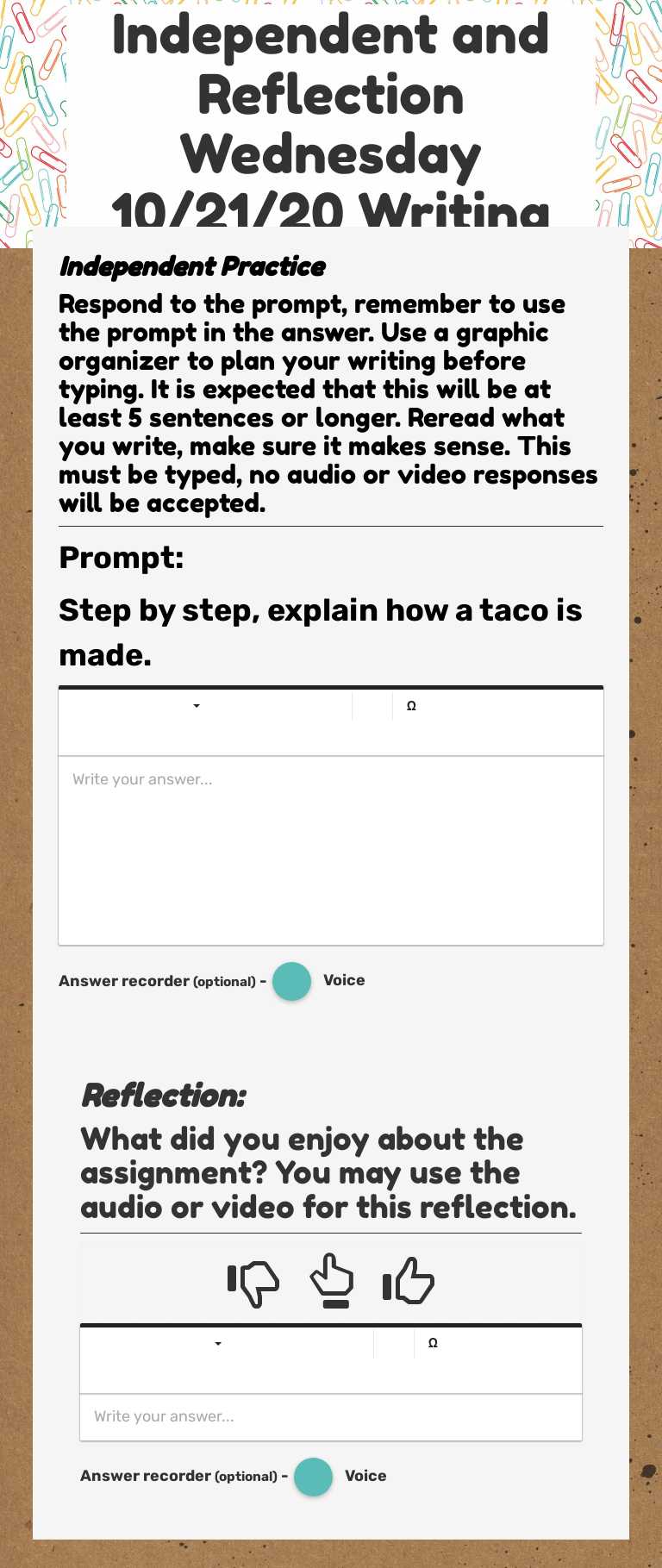 Independent and Reflection Wednesday 10/21/20 Writing Grade 3 worksheet preview