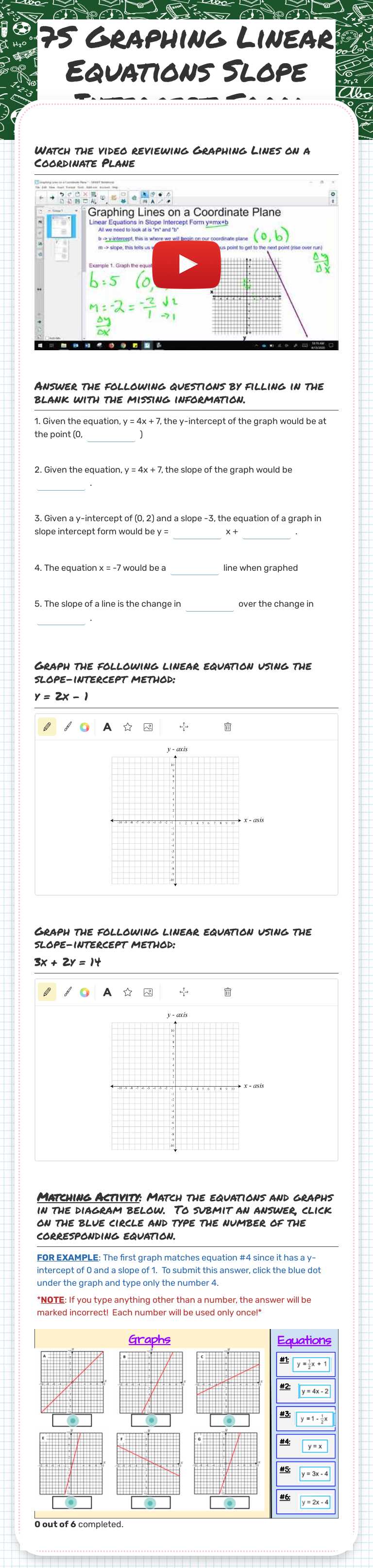 7S Graphing Linear Equations Slope Intercept Form worksheet preview image