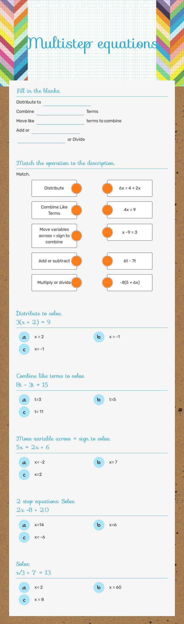 Multistep equations worksheet preview image