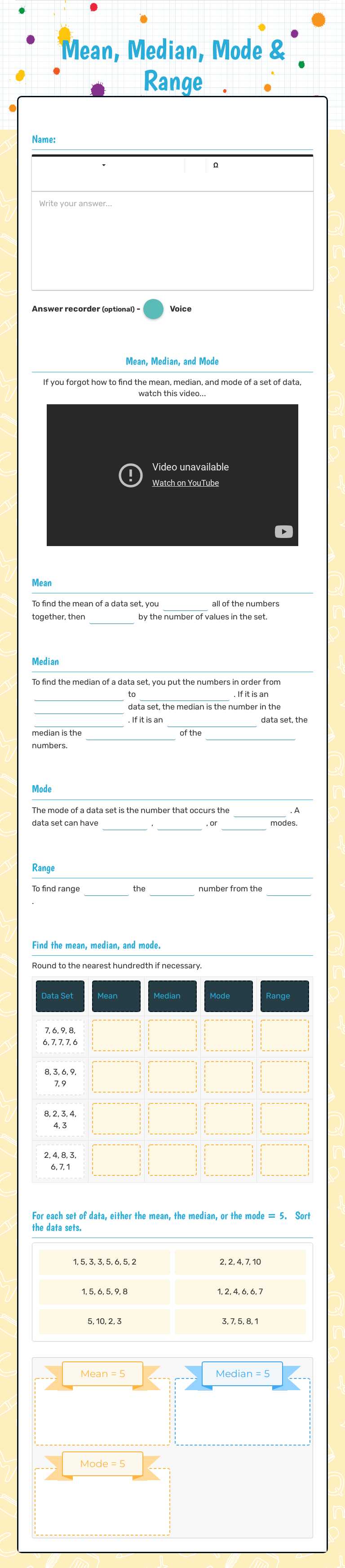 Mean, Median, Mode & Range worksheet preview image