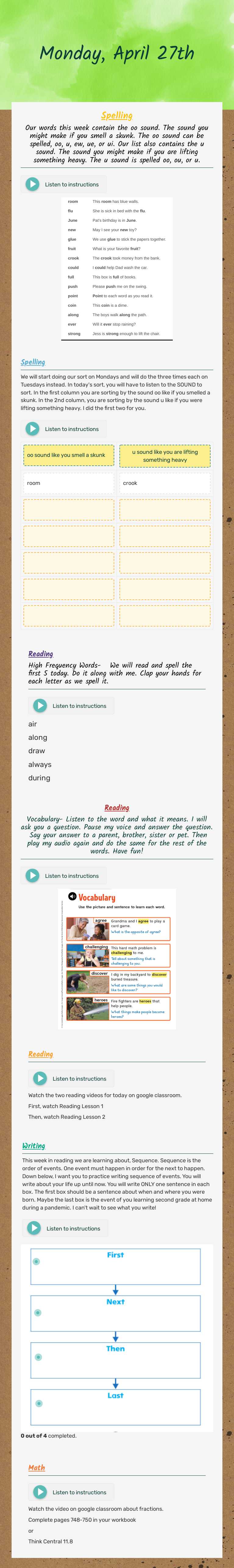 Monday, April 27th Grade 2 worksheet preview