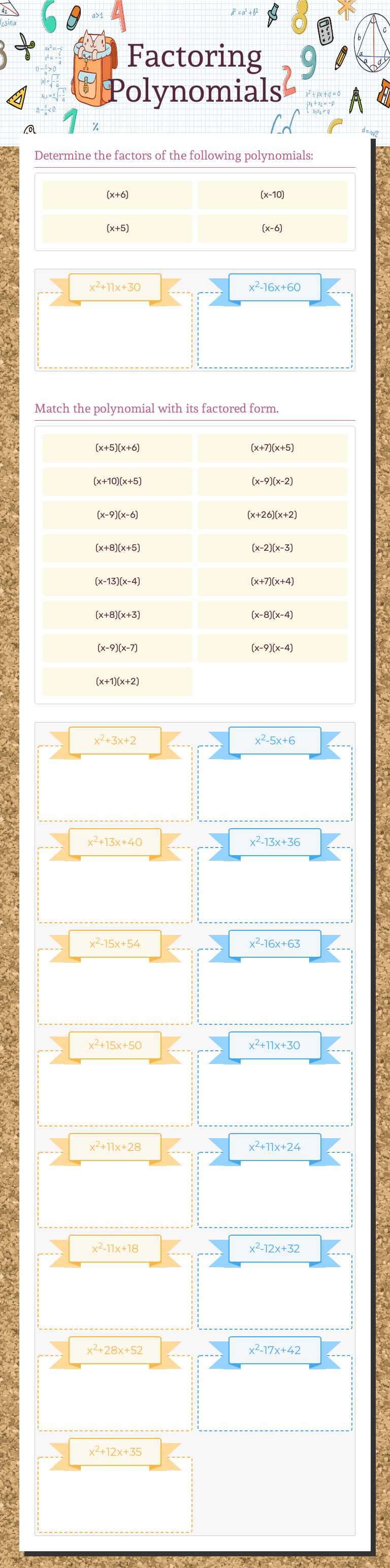 Factoring Polynomials worksheet preview image
