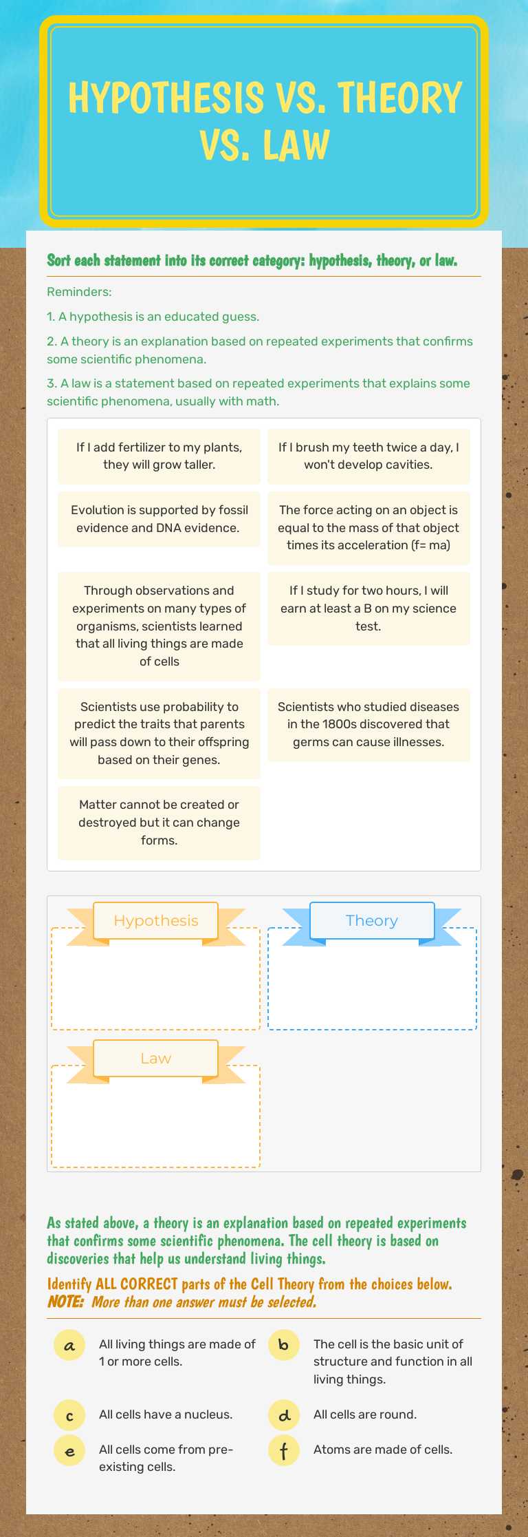 Hypothesis vs. 
Theory vs. law Grade 7 worksheet preview