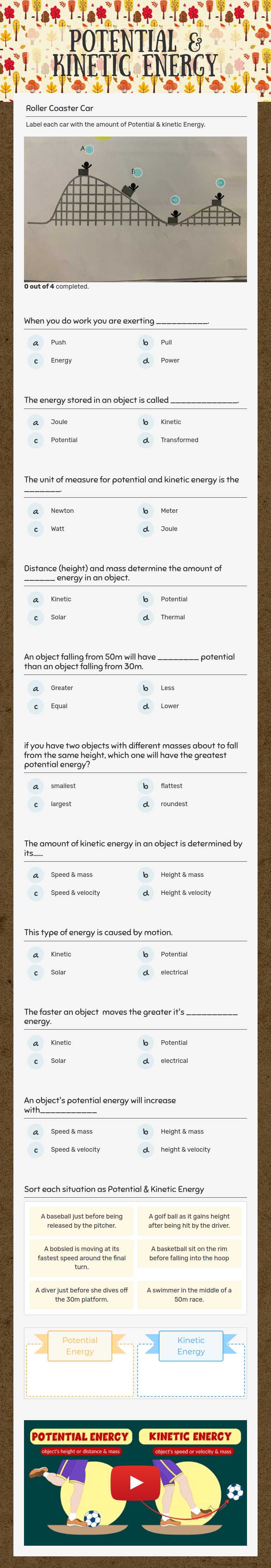 Potential & Kinetic Energy worksheet preview image
