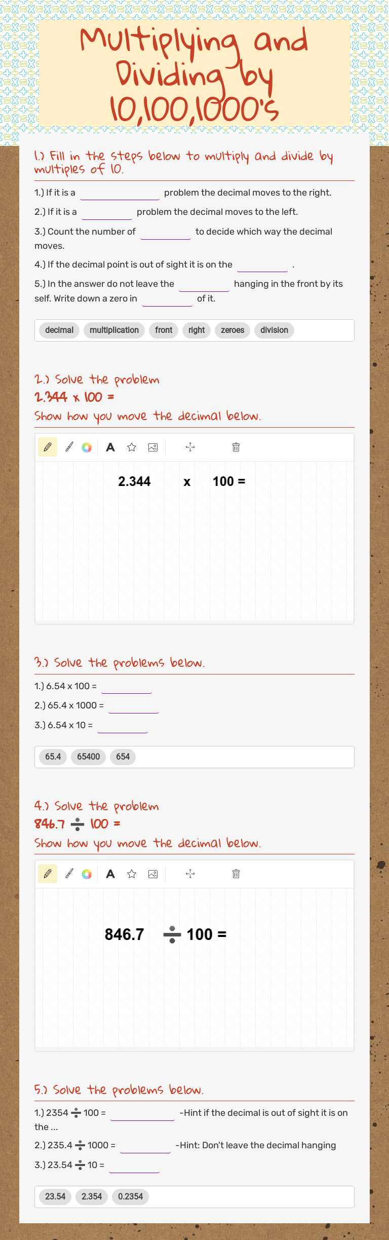 Multiplying and Dividing by 10,100,1000's worksheet preview image