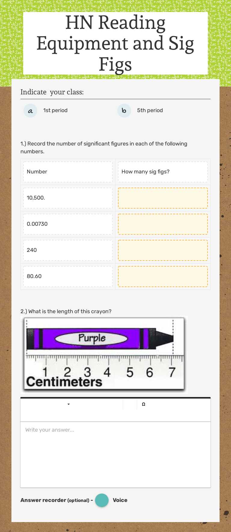 HN Reading Equipment and Sig Figs worksheet preview image