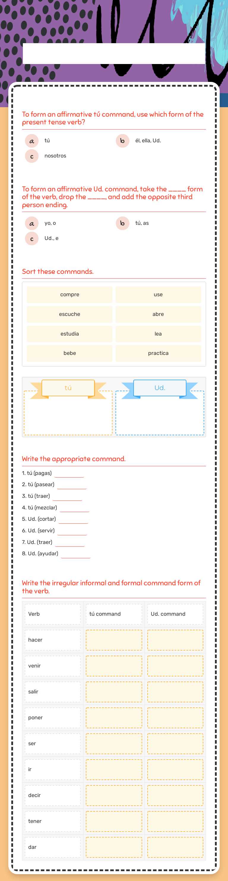 Affirmative Tú and Ud. Commands worksheet preview image