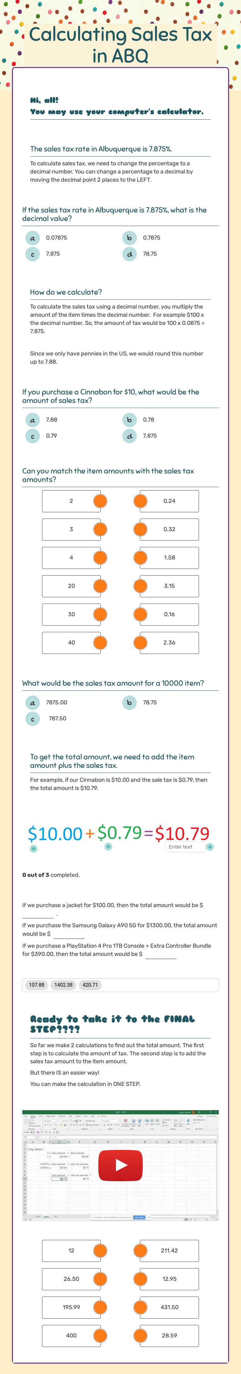 Calculating Sales Tax in ABQ worksheet preview image