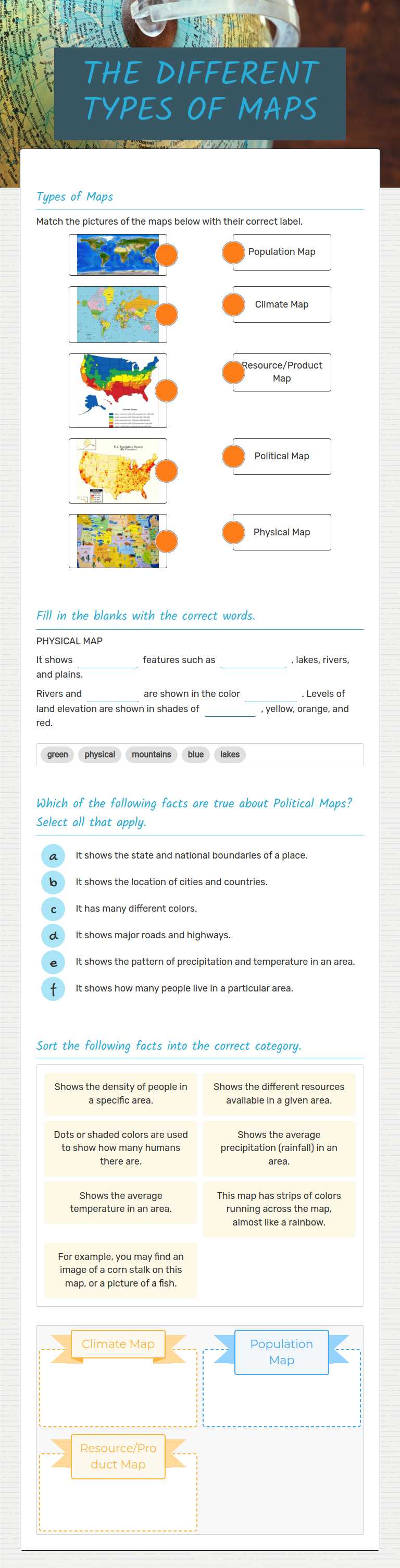 THE DIFFERENT TYPES OF MAPS worksheet preview image