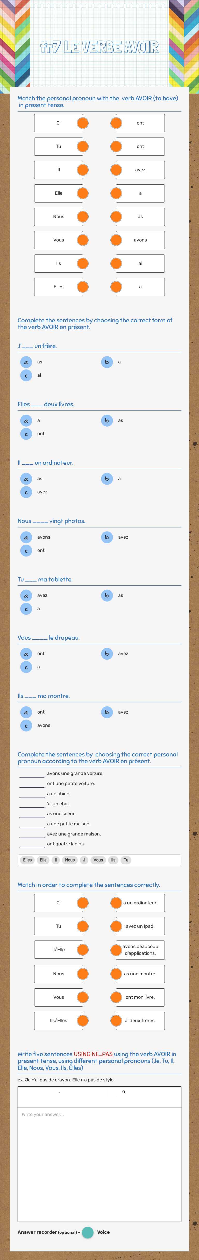 fr7  LE VERBE AVOIR Grade 7 worksheet preview