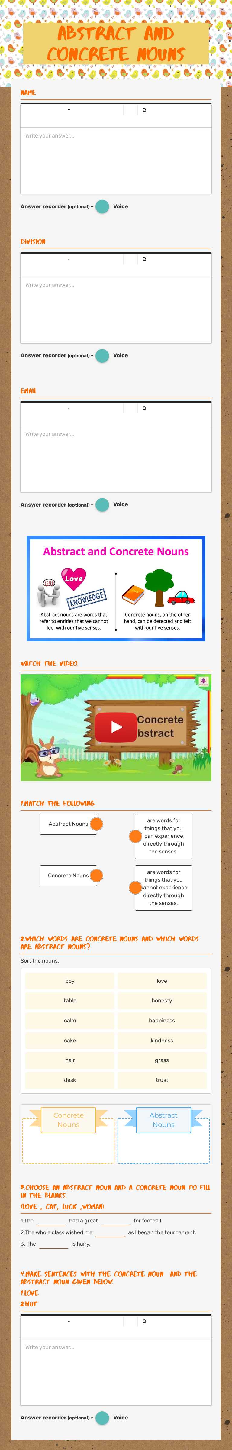 Abstract and concrete nouns Grade 4 worksheet preview